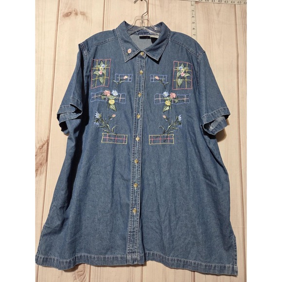 Bobbie Brooks Shirt Womens 18W/20W Blue Denim Embroidered Floral Button Plus - Picture 1 of 6